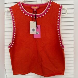 THML Orange/Pink Sleeveless knit Top with Faux Pearl Accents, Medium